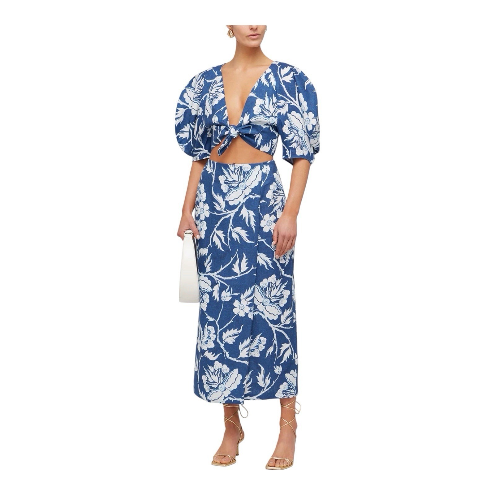 Mara Hoffman Hemp Navya Tie Front Cropped Top Sunja Skirt Set Sz S/4 Blue White